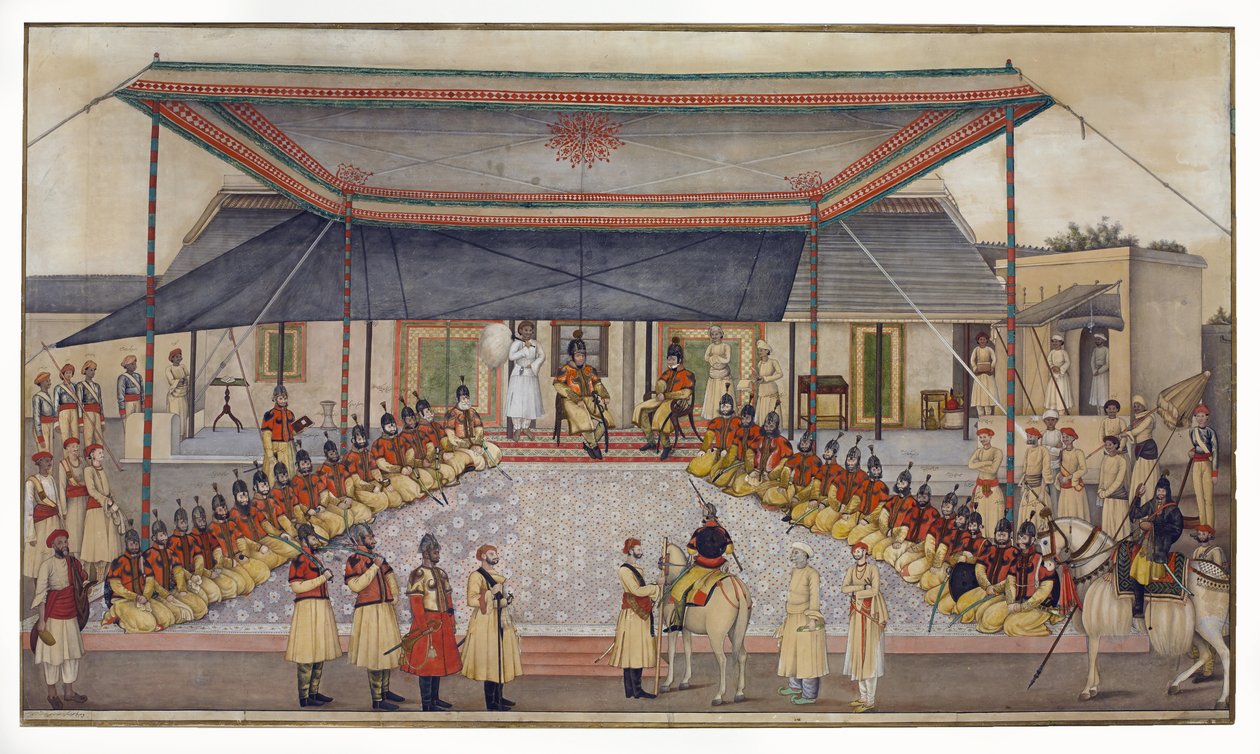 1827年に連隊のダルバールを抱いたジェームズスキナー大佐（紙にガッシュを塗ったトイレ） 作： グラム・アリ・カーン