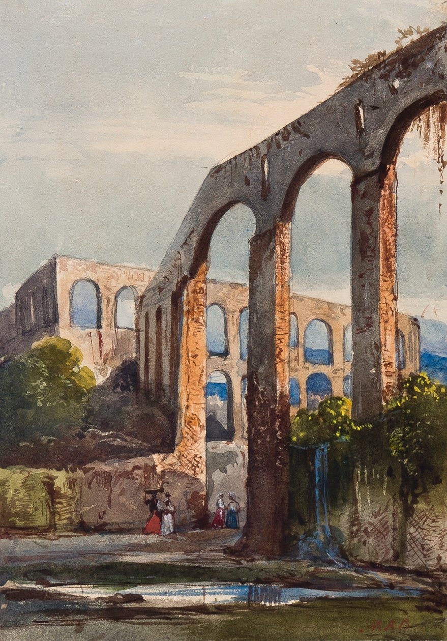 マッダローニのローマ水道橋の下にいる女性。マリアアヌンツィアータディボルボン王女（1843〜1871年）（鉛筆、紙、紙、紙） 作： ジャシント・ギガンテ