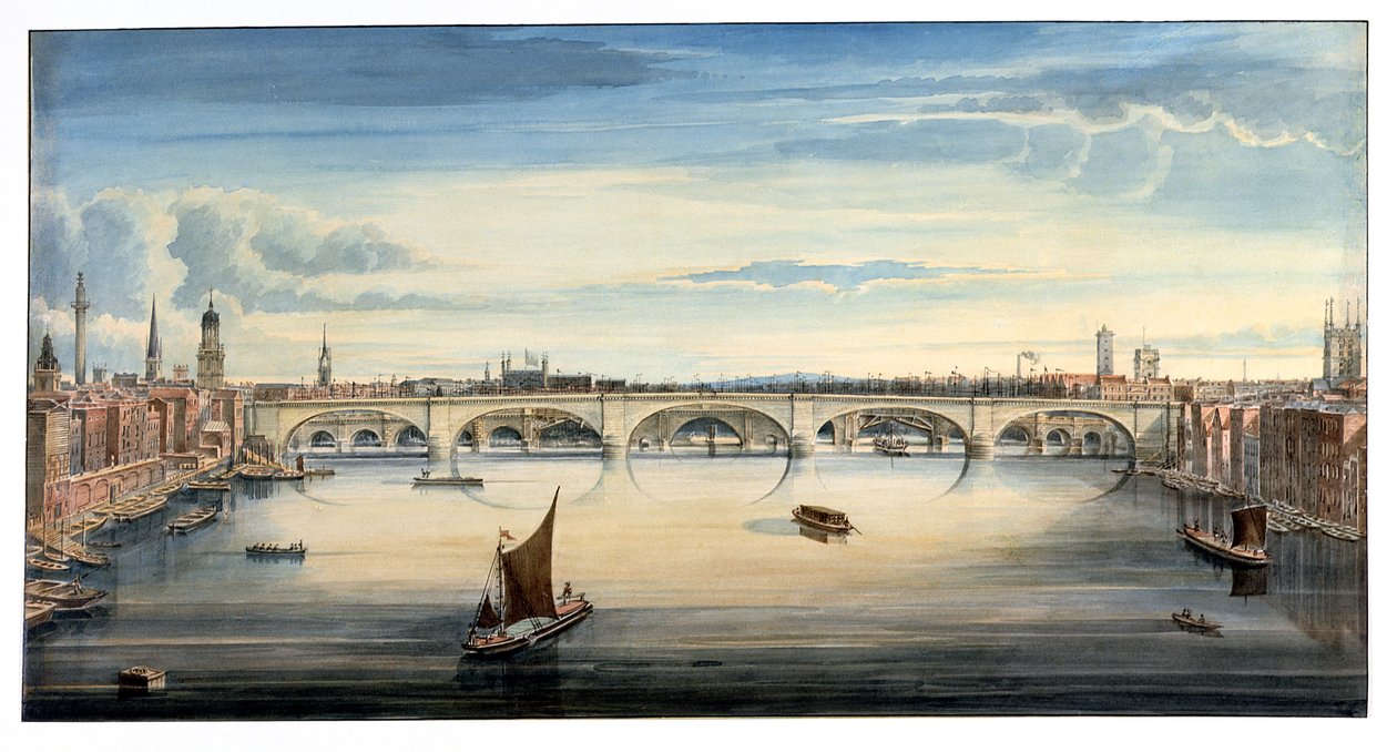 1830年のニューロンドンブリッジとオールドロンドンブリッジの西側の景色 作： ギデオン・イェイツ