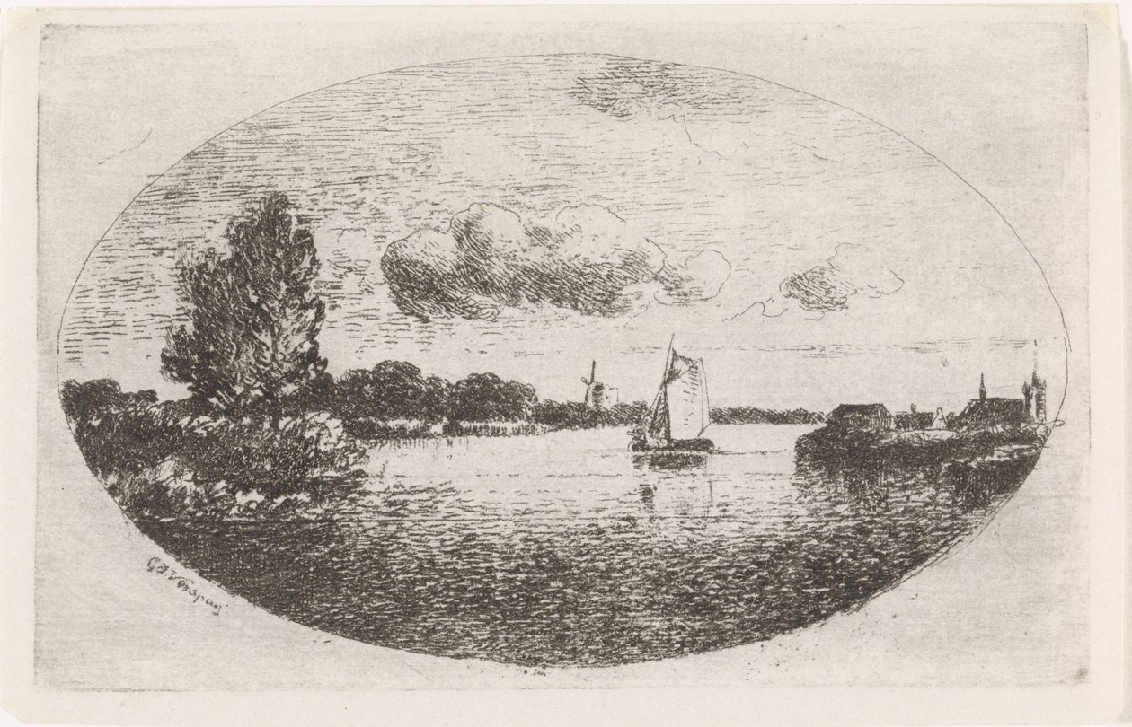 帆船のある川の眺め 作： Gijsbertus Johannes Verspuy