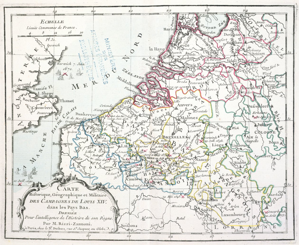 1763年にパリで発行されたAtlasgéographiqueet militaireによる、ルイ14世の低地での軍事作戦を示す地図（カラー彫刻） 作： ジョヴァンニ・アントニオ・リッツィ・ザンノニ