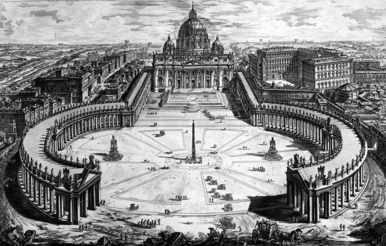 サンピエトロ大聖堂と広場の鳥瞰図、「ローマの眺め」シリーズ、1760年頃 作： ジョバンニ・バッティスタ・ピラネージ