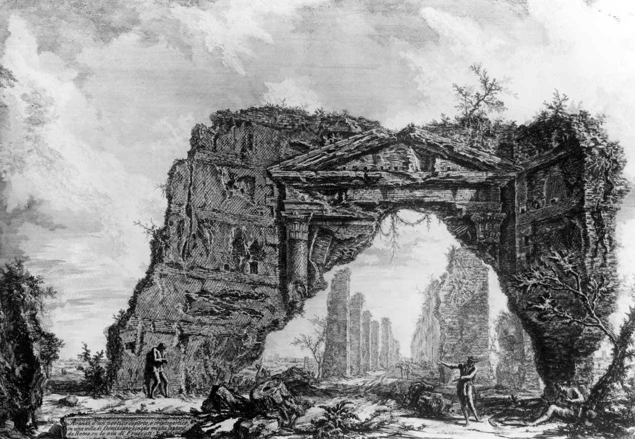 「ローマの景色」シリーズ、1760年頃のヴィラデイセッテバッシの廃墟の柱廊の眺め 作： ジョバンニ・バッティスタ・ピラネージ