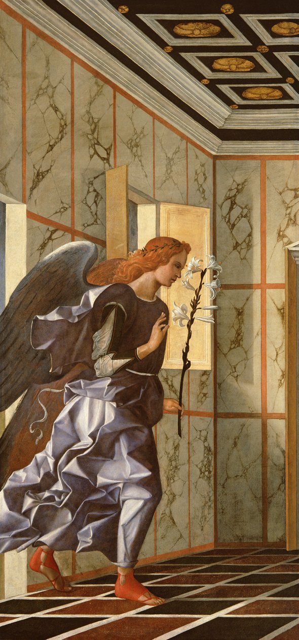 The Annunciation diptych、1500年頃の大天使ガブリエル（1998年以降の修復） 作： ジョバンニ・ベリーニ