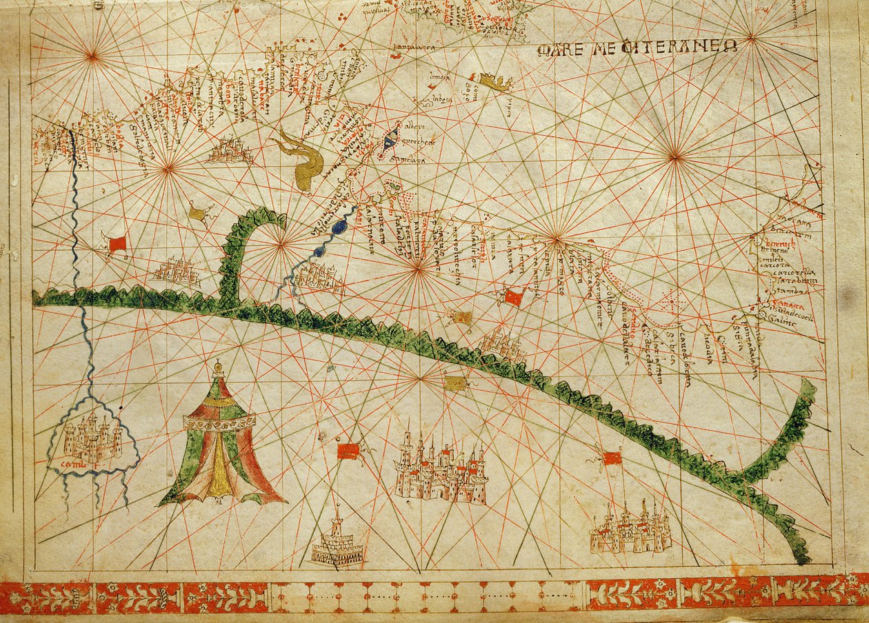 北アフリカ、1520年の航海地図（ベラムのインク）（330916からの詳細） 作： ジョバンニゼノドクスダコルフ