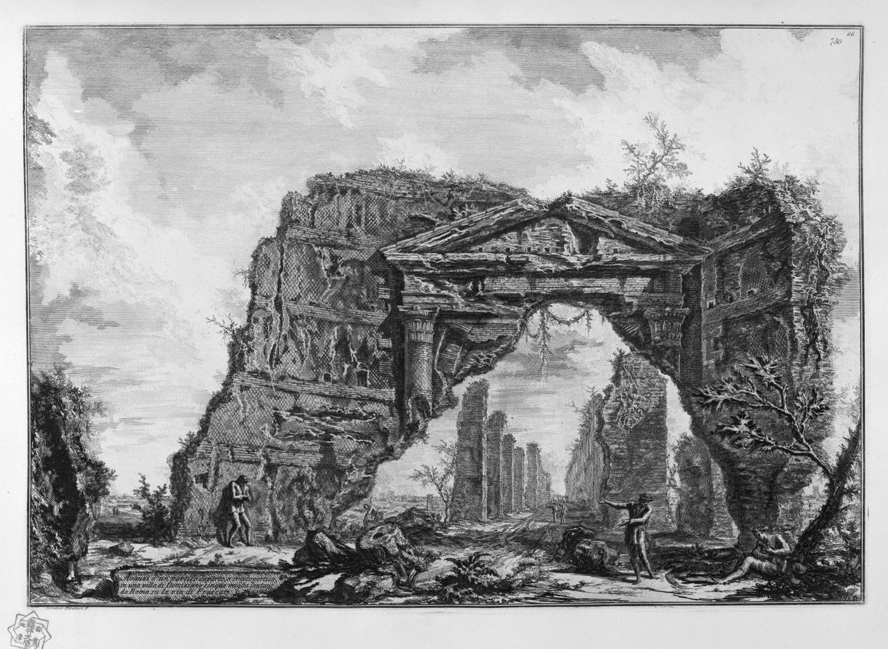 Domiziano（Castel Gandolfo？）の別荘で、屋根付きの柱廊玄関、または暗号柱廊の先に行く 作： ジョバンニ・バッティスタ・ピラネージ