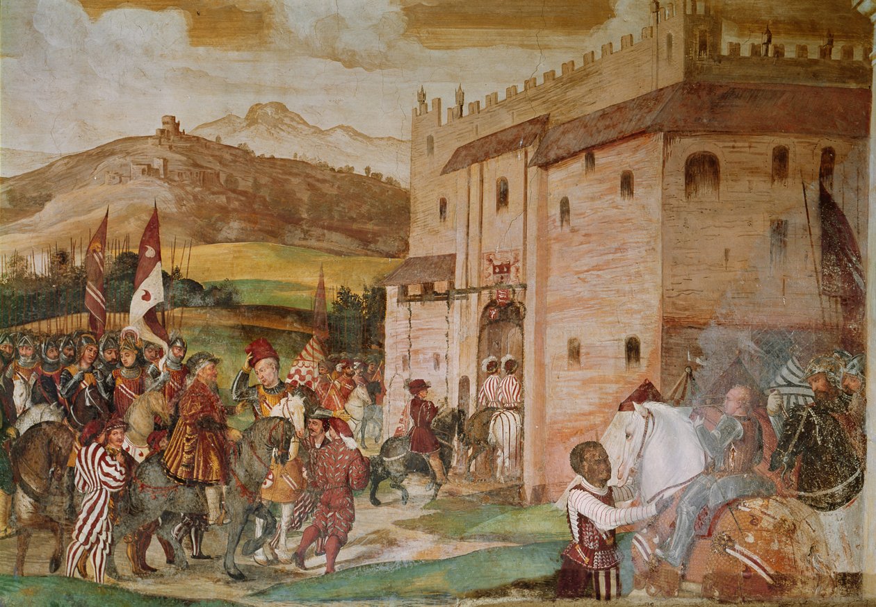 1474年、1520〜30年にマルパガ城でコンドッティエール、バルトロメオコレオニによるデンマーク国王クリスチャン1世のレセプション 作： ジロラモ・ロマニーノ