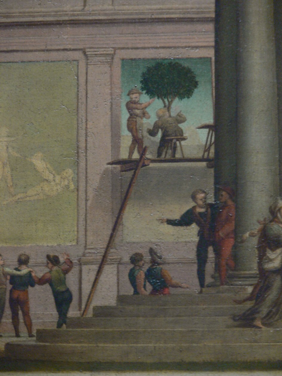 ディナの強盗（ジェネシス34）。美術史美術館ウィーン、Gemäldegalerie、Inv。 No. 1554、背景の詳細（足場の壁画家） 作： ジュリアーノ・ブジャルディーニ