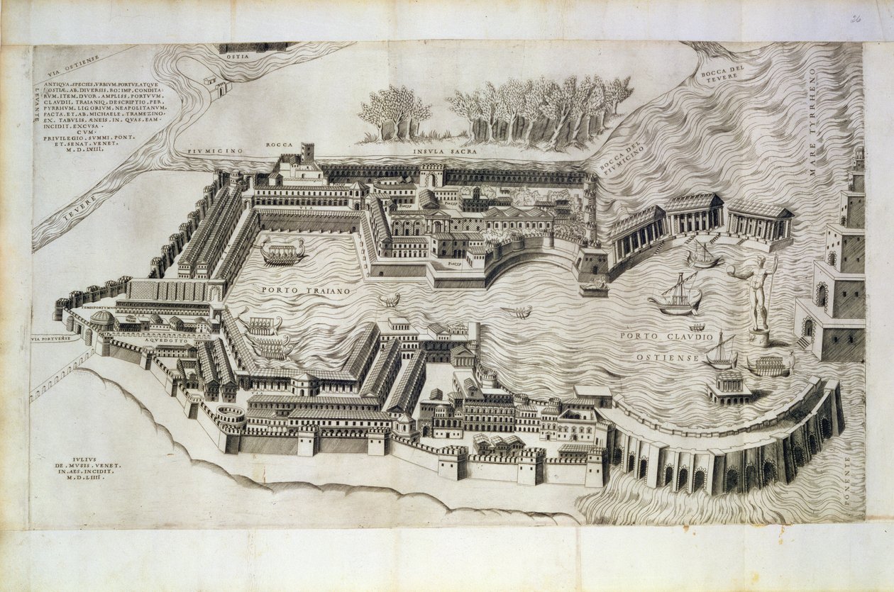 アーティストによって刻まれたオスティアアンティカ港の計画、1554年 作： ジュリオ・デ・ムシ