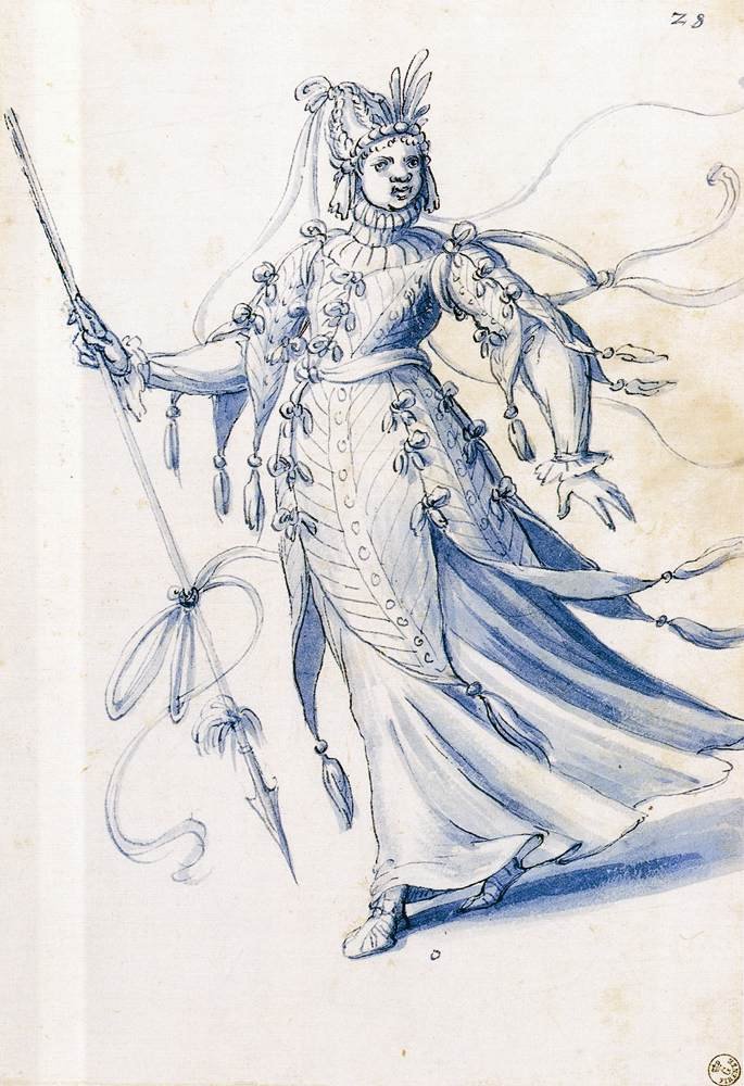槍を持つ女性の衣装の描画 作： ジュゼッペ・アルチンボルド