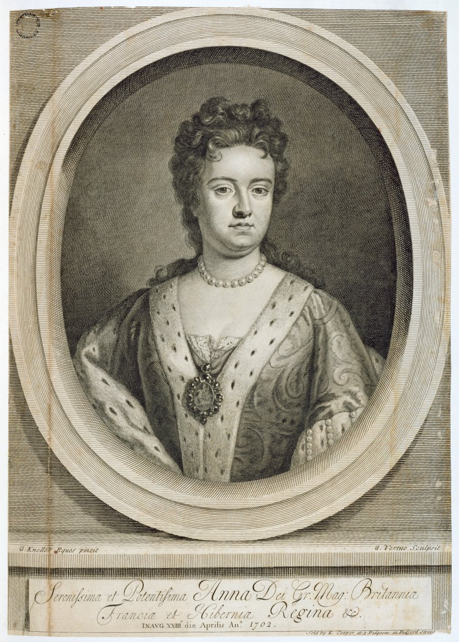 アン女王（1665-1714）、ジョージヴァーチュー（1684-1756）、1702によって彫刻 作： ゴッドフリー・ネラー