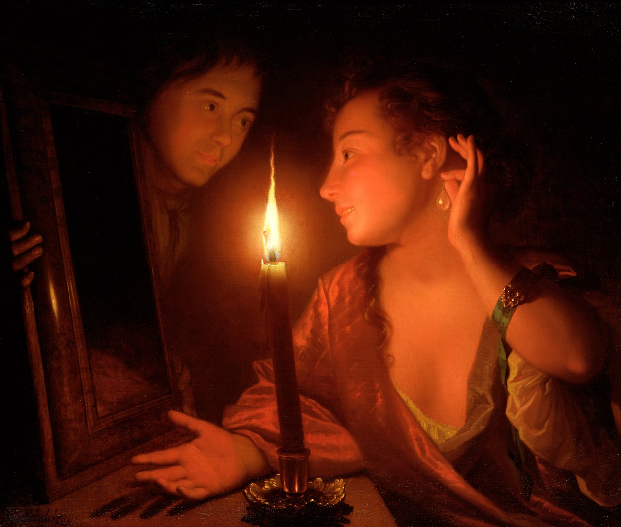 Candlelightでイヤリングを眺める女性 作： ゴッドフリード・シャルケン