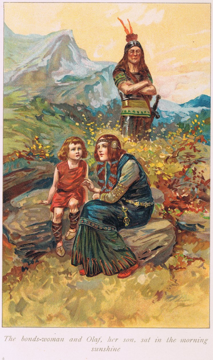 ボンドウーマンと息子のオラフは朝の日差しの中で座っていました。1926年に出版されたアリスS.ホフマンの「サガの書」のイラスト 作： ゴードンフレデリックブラウン