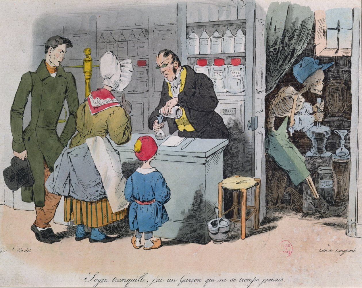ラングリュームによって刻まれた薬剤師とその助手、1840年頃 作： グランドビル