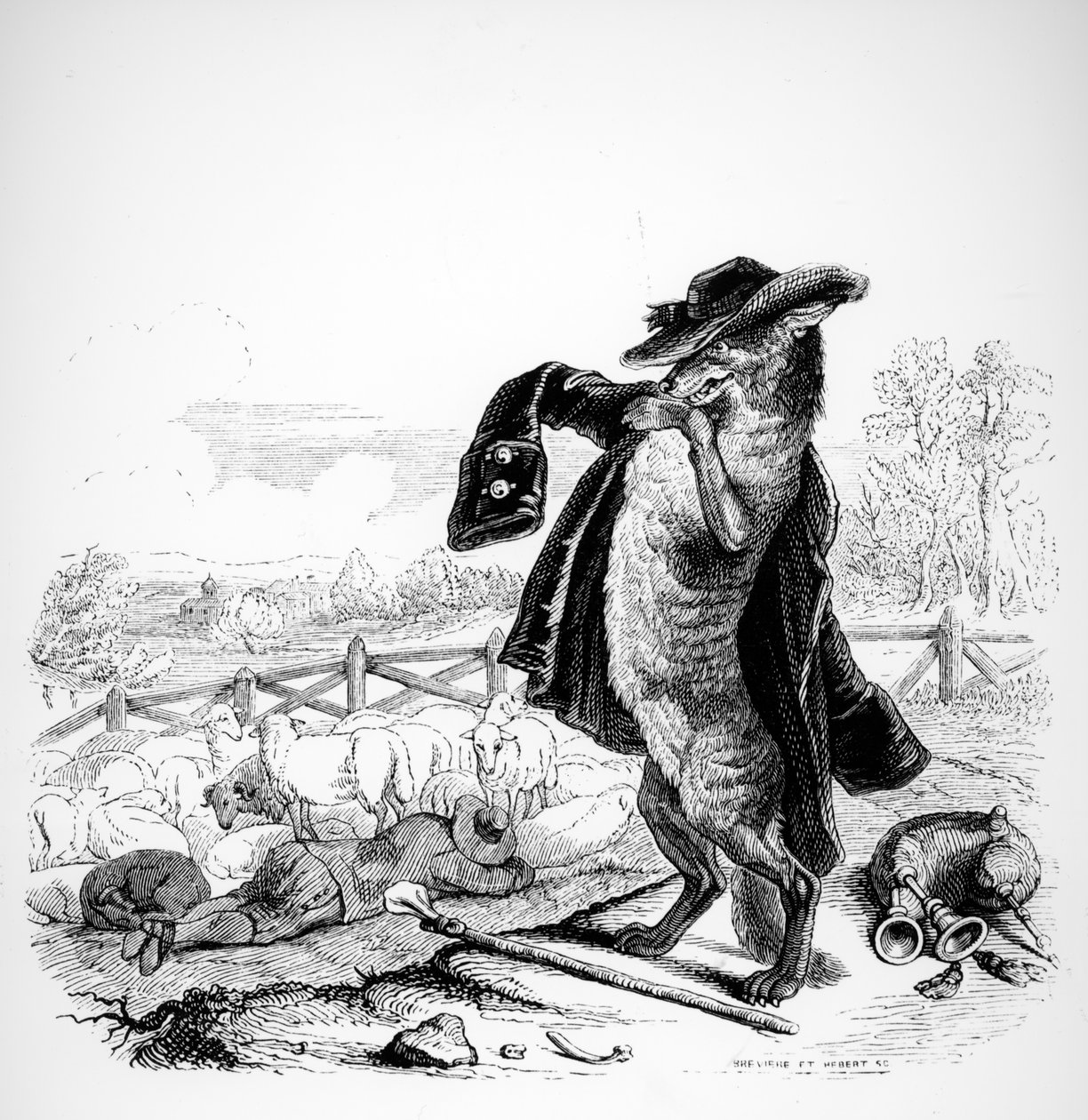 オオカミは羊飼いになりました、ラフォンテーヌ（1621-95）の「寓話」のイラスト、H。Fournier Aine、1838年発行 作： グランドビル