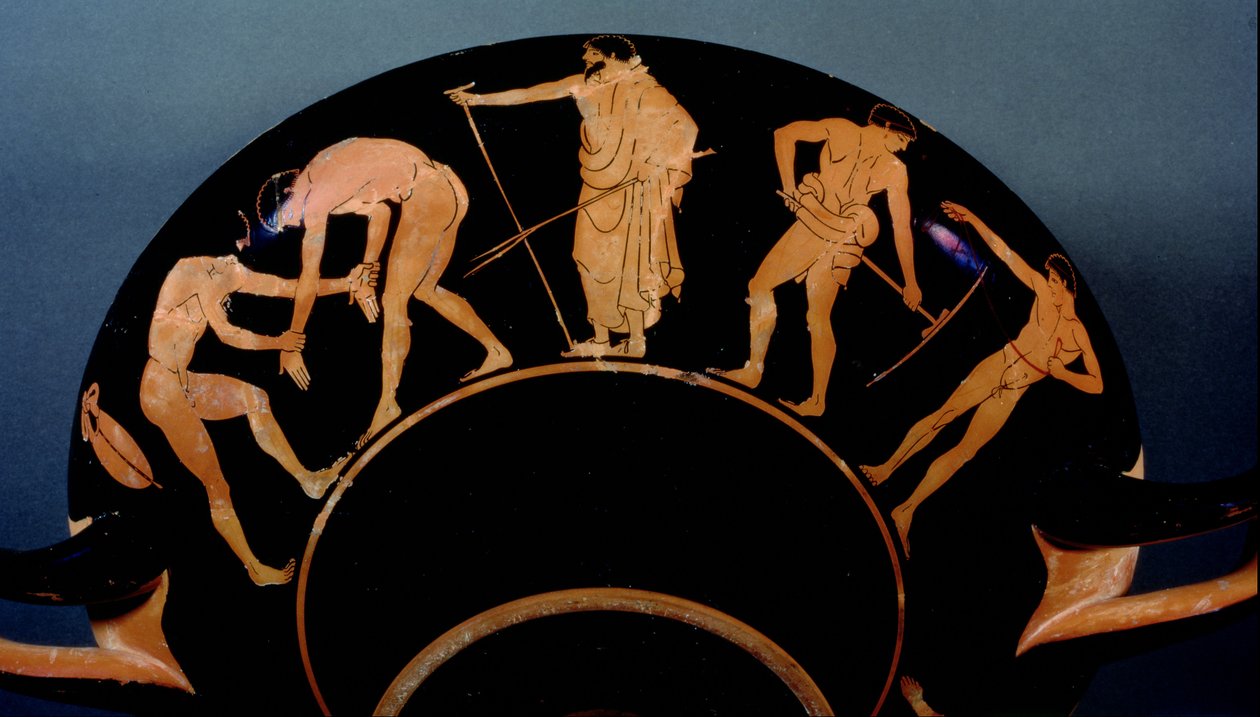 アスリートのトレーニングを示す屋根裏の赤像式キリックス（陶器）（103375も参照） 作： ギリシャ語