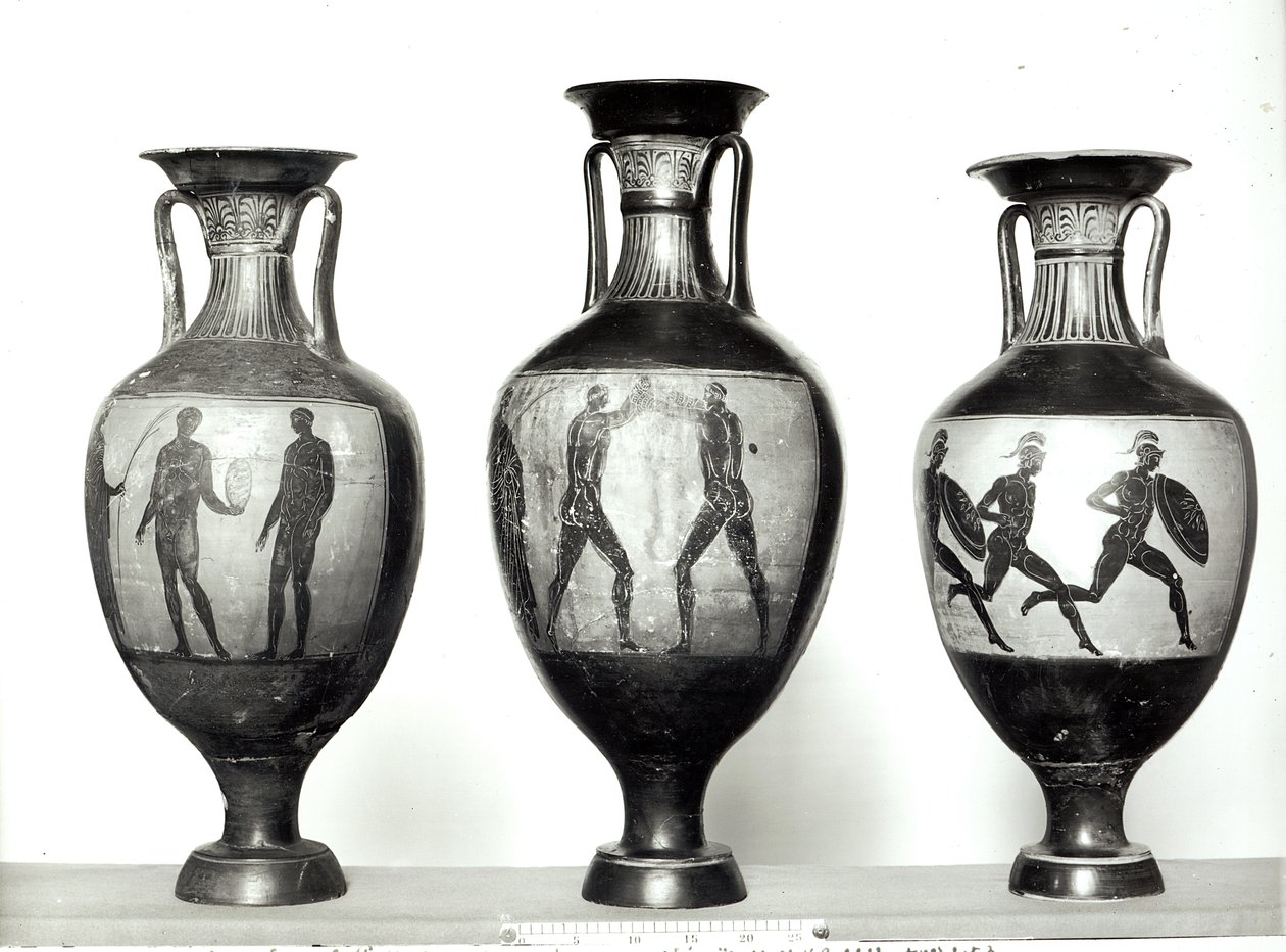 トロフィーを受け取る選手、ボクサーとアスリート、580-520 BC（セラミック）を描いた3つのパナシナイコアンフォラ 作： ギリシャ語