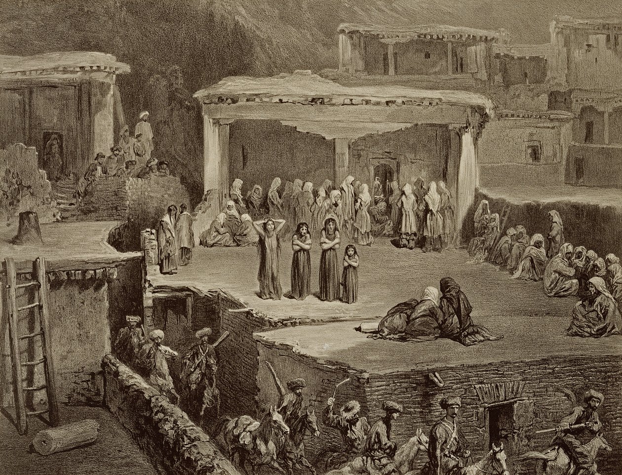 1847年パリのアルフレッドレオンルメルシエによって出版されたユージーンルルー（1807-63）によって彫刻された、コーカサスに関する本からのプレート70、ダゲスタンのアカルチの遺跡での葬儀 作： グリゴリー・グリゴレヴィッチ・ガガーリン