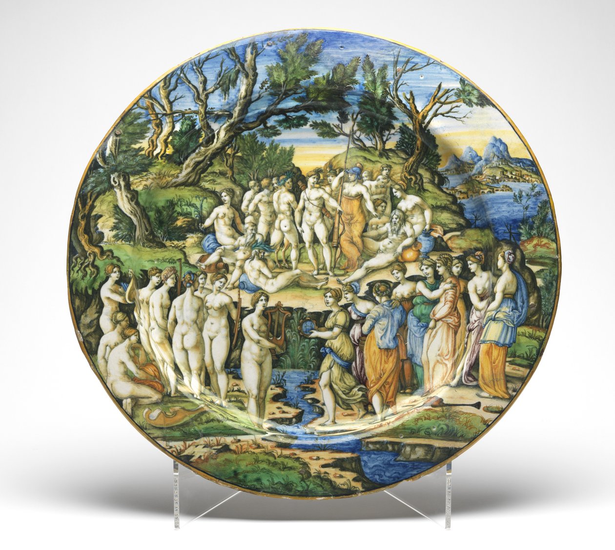 MusesとPieridesの間のコンテスト、c.1545-50（ブリキの陶器） 作： グイド・デュランティーノ