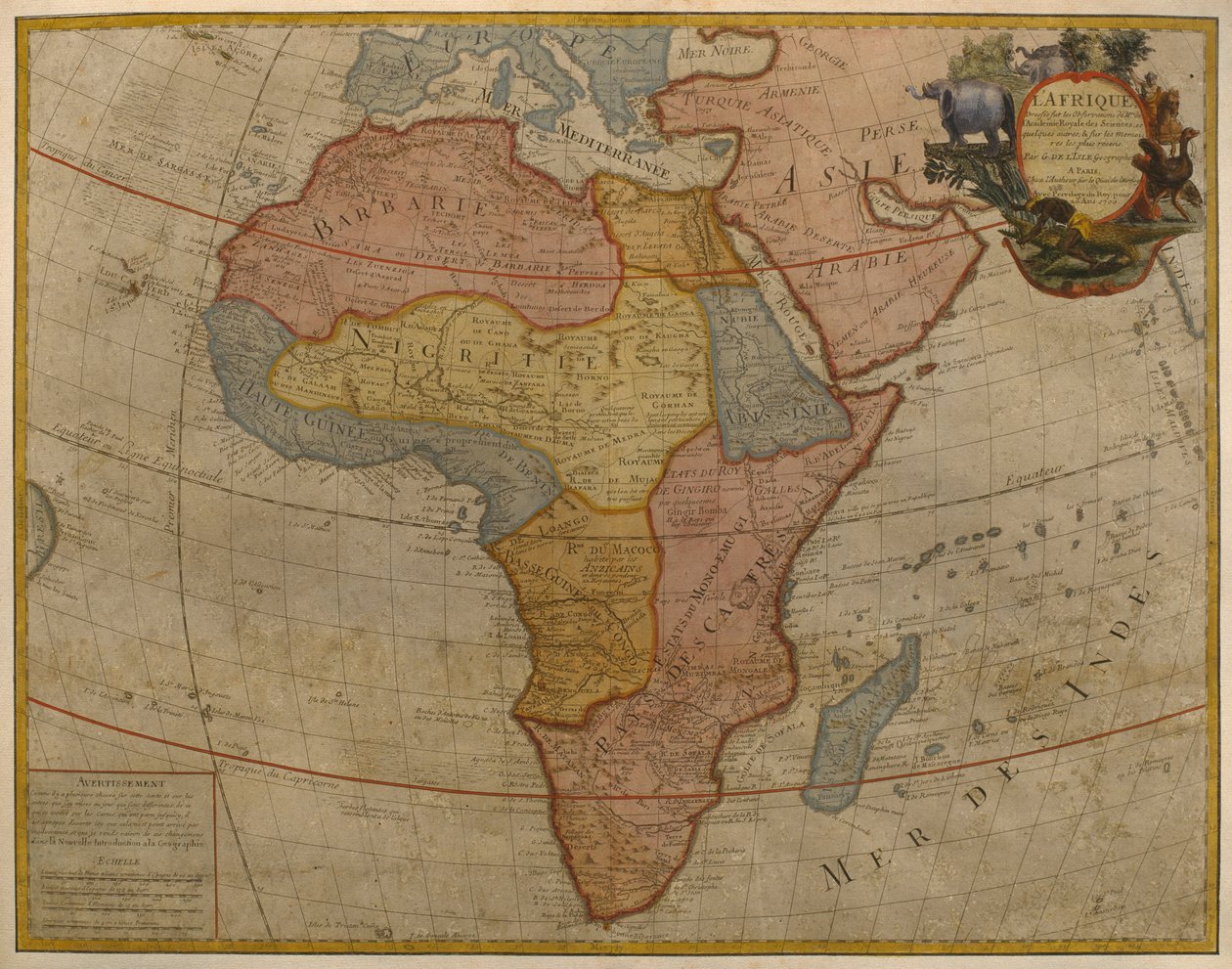 1700年に公開されたアフリカの地図、パリ（カラー彫刻） 作： ギヨームデリ