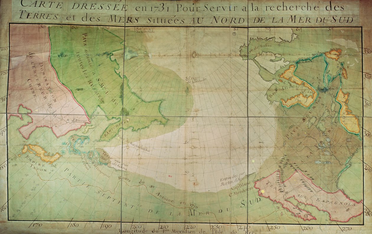 南海北部、シベリア東部、ニューフランス西部の新発見の地図、1731年 作： ギヨームデリ
