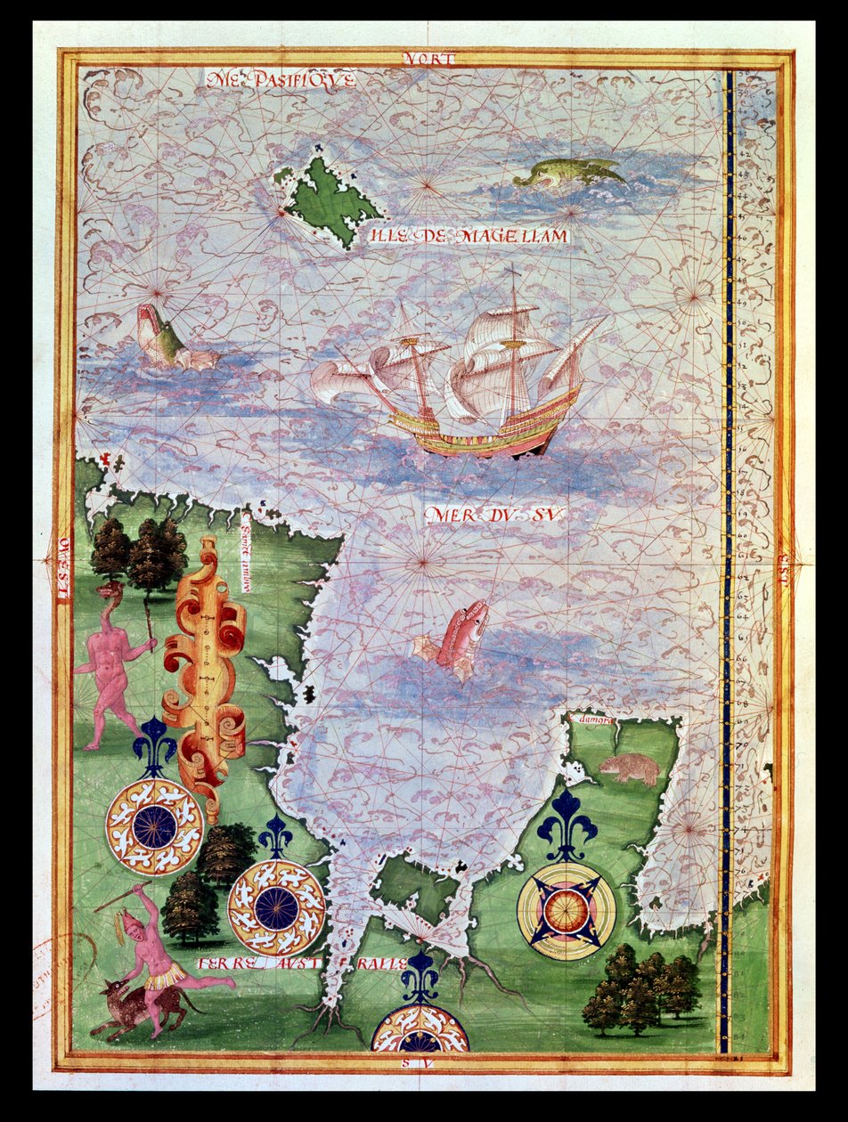 Fol.31v「宇宙飛行士ユニバーセル」からのオーストラリアとマゼラン島の地図、1555 作： ギヨーム・ル・テストゥ