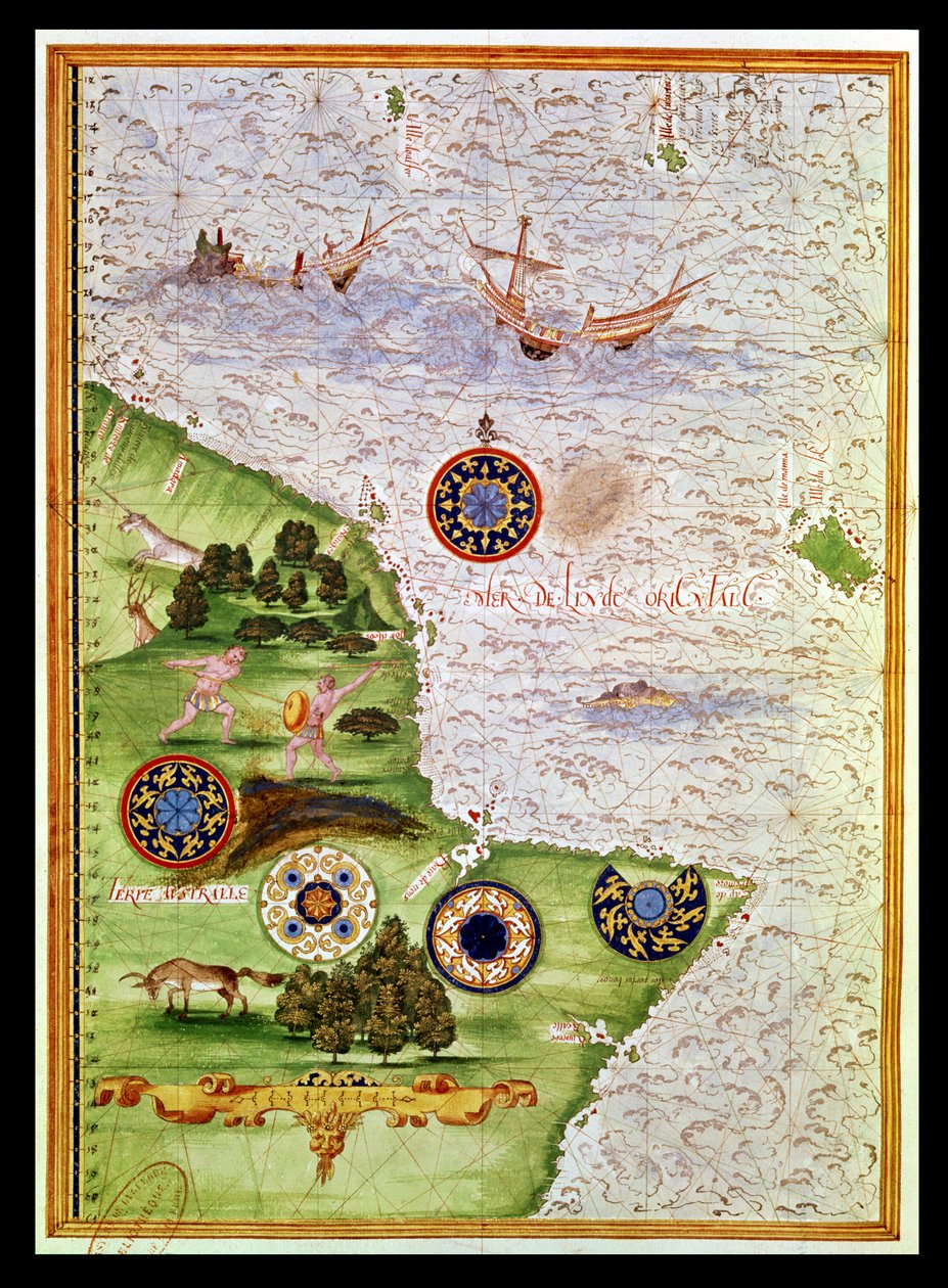 Fol.41v「オーストラリアのユニバーセル」からのオーストラリアの地図、1555 作： ギヨーム・ル・テストゥ