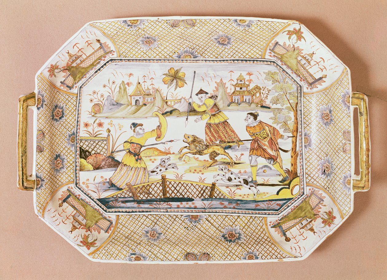 ライオン狩りの中国模様が入った八角形の皿、c.1730（セラミック） 作： ギリボー