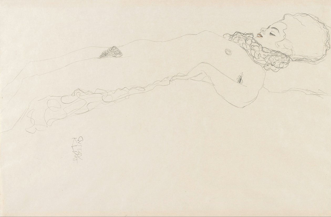 横になっているラフと裸の女の子 作： グスタフ・クリムト