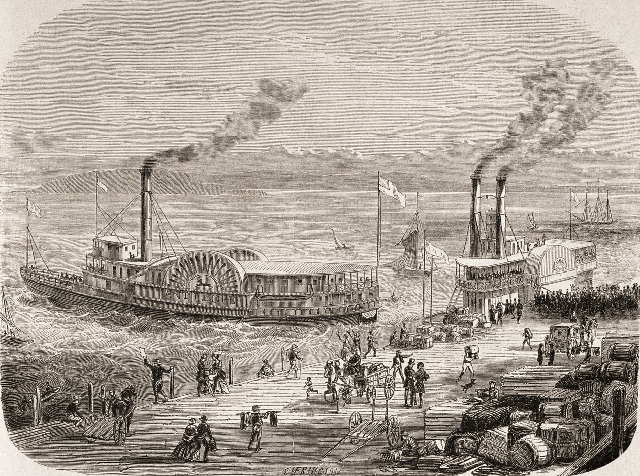 1860年代のサンフランシスコのドック 作： ギュスターヴ・アドルフ・シャスヴェン・バク