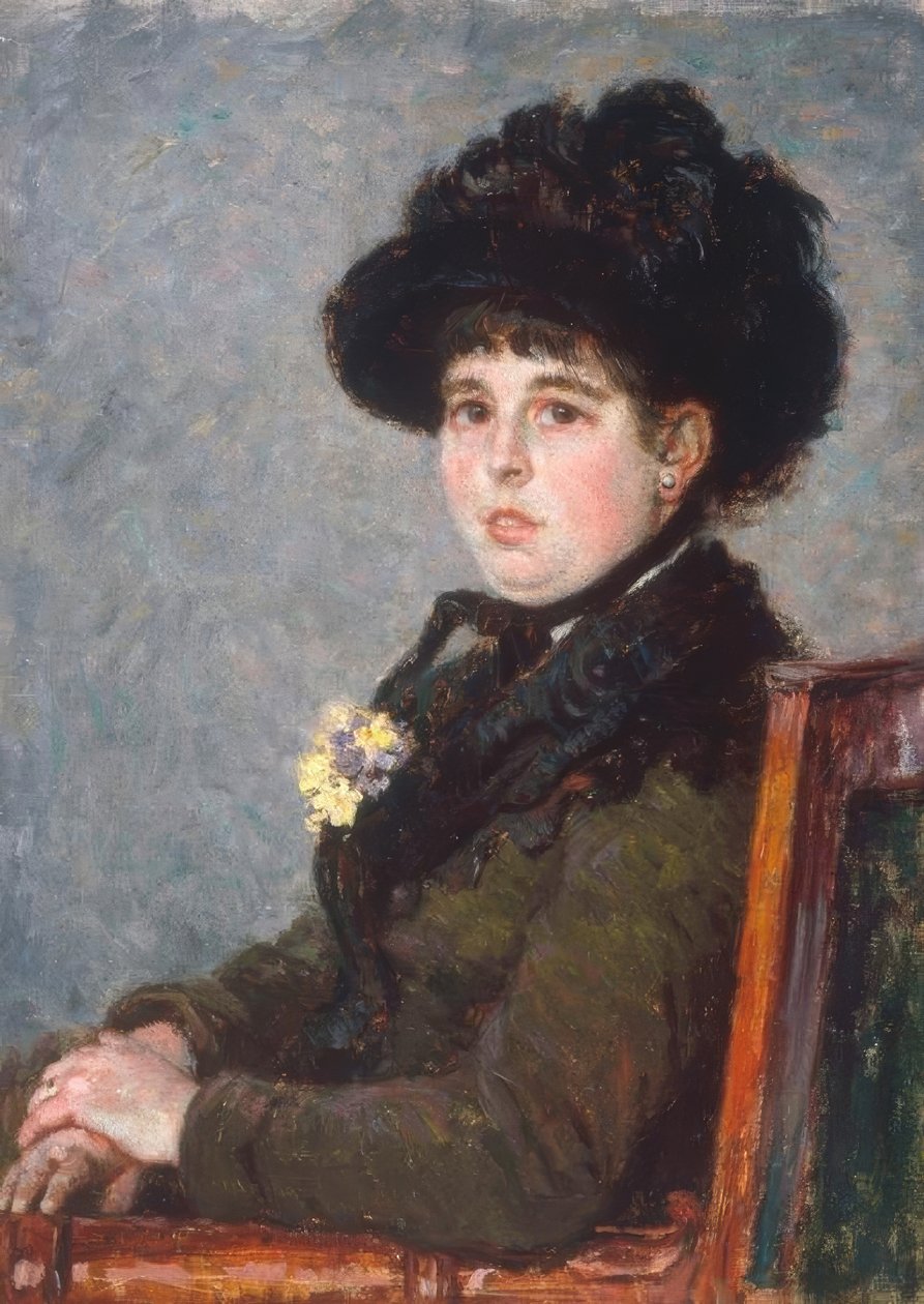 羽をつけられた帽子の女性の肖像画 作： グスタフ・カイユボット
