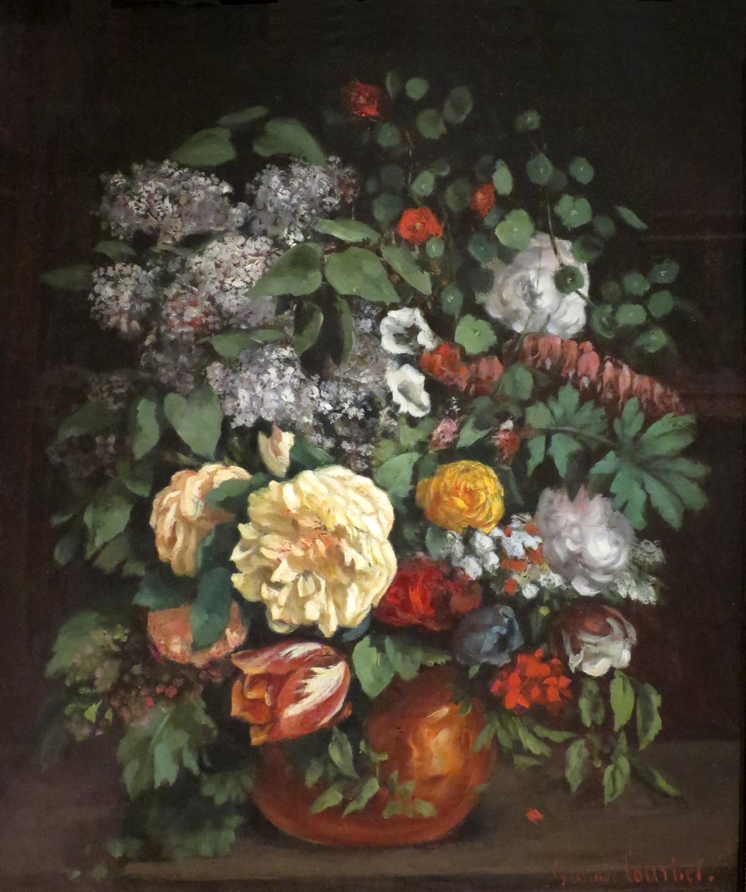 ライラック、バラ、チューリップの花瓶 作： ギュスターヴ・クールベ