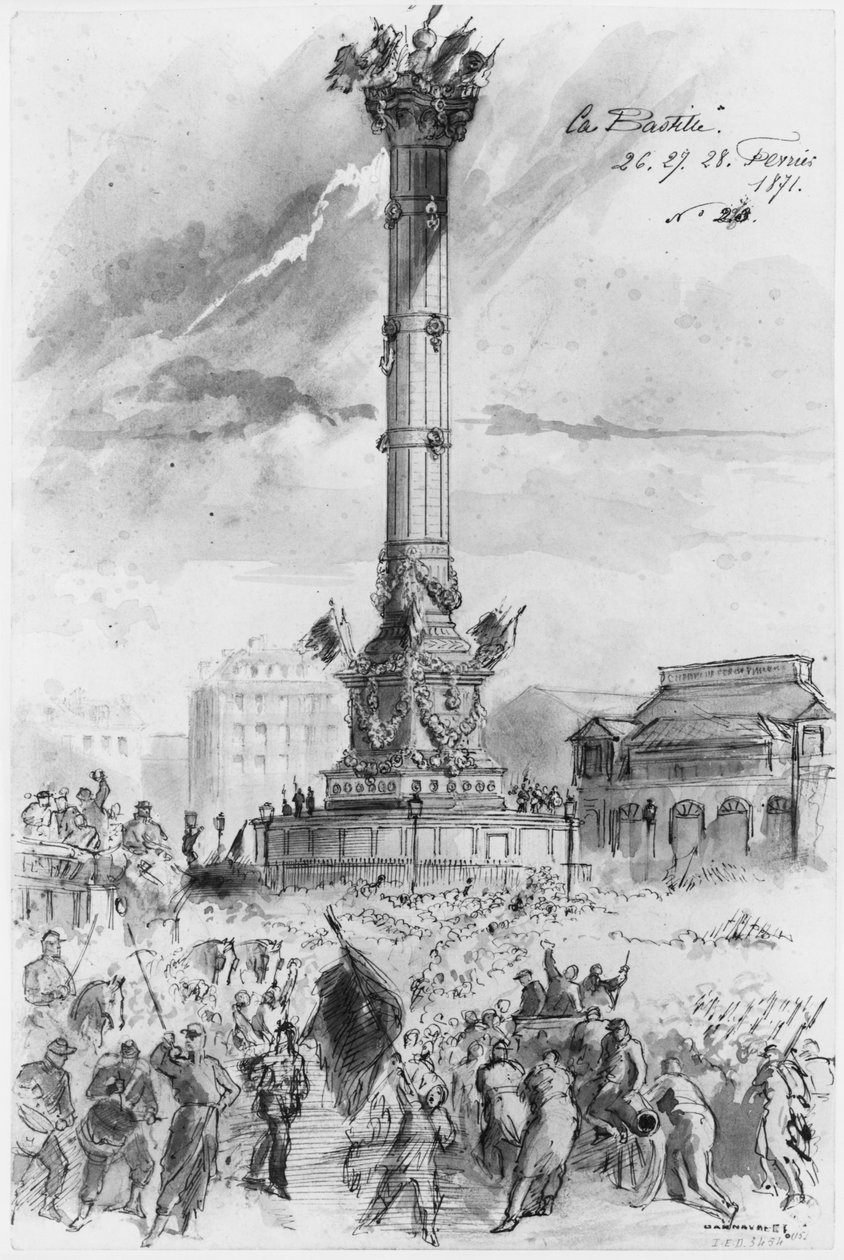 1871年2月26日、27日、28日、パリの包囲戦、バスティーユのアルバム（ペンと茶色のインクと紙に鉛筆） 作： ギュスターヴ・ドレ