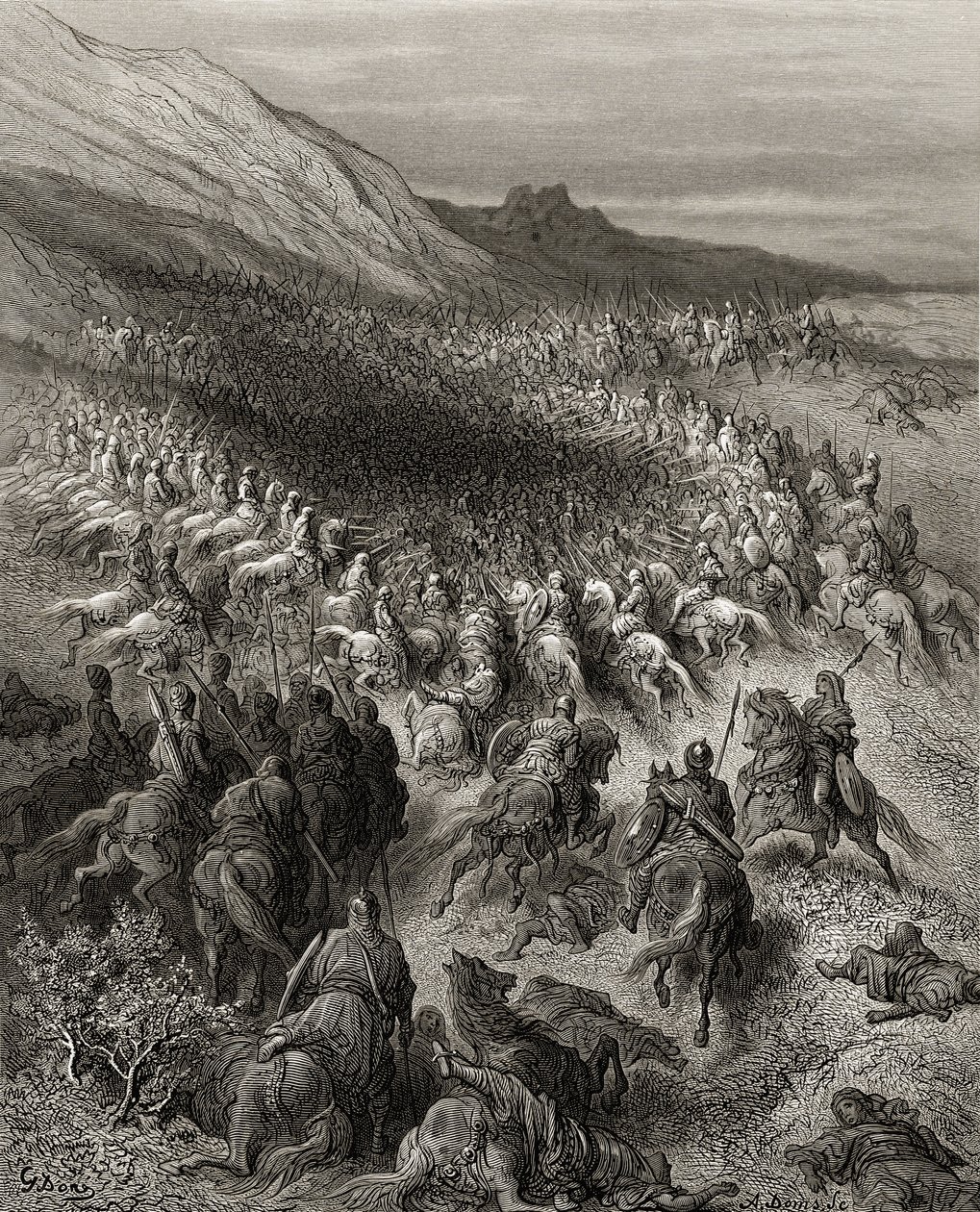 サラディン（1137-93）軍に囲まれた十字軍。JFの「Bibliotheque des Croisades」のイラスト。ミショー、1877 作： ギュスターヴ・ドレ