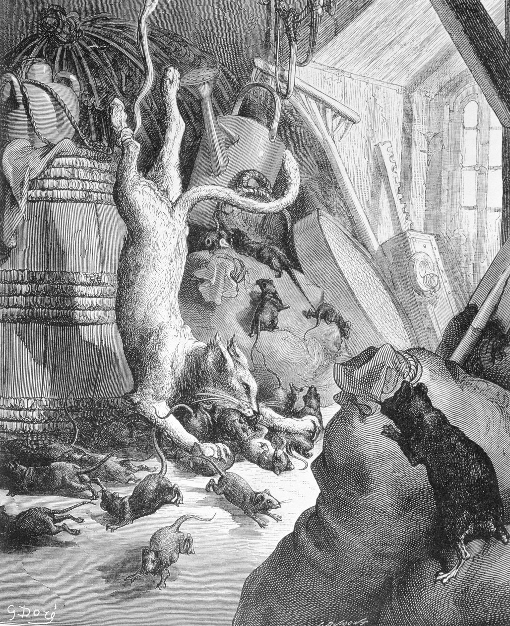 猫と老鼠、ラフォンテーヌ作「寓話」（1868年）のイラスト 作： ギュスターヴ・ドレ