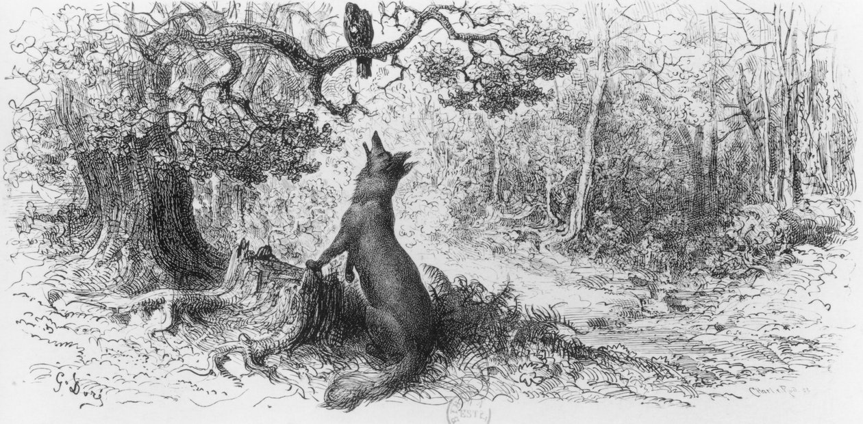 カラスとキツネ、 『寓話』（ジャン・ド・ラ・フォンテーヌ作）（1621-95） 作： ギュスターヴ・ドレ