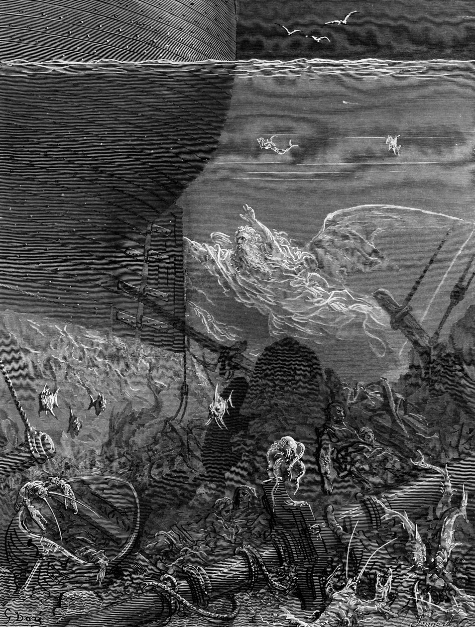 南極から船を追ったスピリット、STコールリッジの「古代マリナーの霧氷」のシーン、ハーパーウントブラザーズ発行、ニューヨーク、1876年（木の彫刻） 作： ギュスターヴ・ドレ