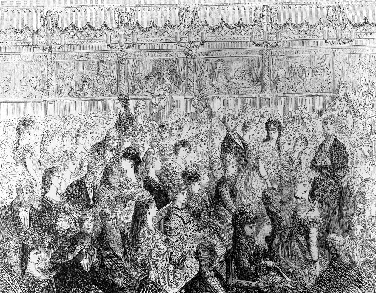 ポールジョナルドパーセル（d.1902）によって彫刻された、ウィリアムブランチャードジェロルド（1826-84）によって書かれた「ロンドン、巡礼」からのコベントガーデンオペラの屋台 作： ギュスターヴ・ドレ