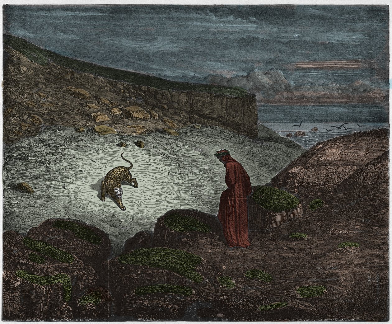 インフェルノ、カント1：登り始めのパンサー、ダンテアリギエーリ作「The Divine Comedy」（1885年）のイラスト（デジタル色の彫刻） 作： ドレ後のギュスターヴ