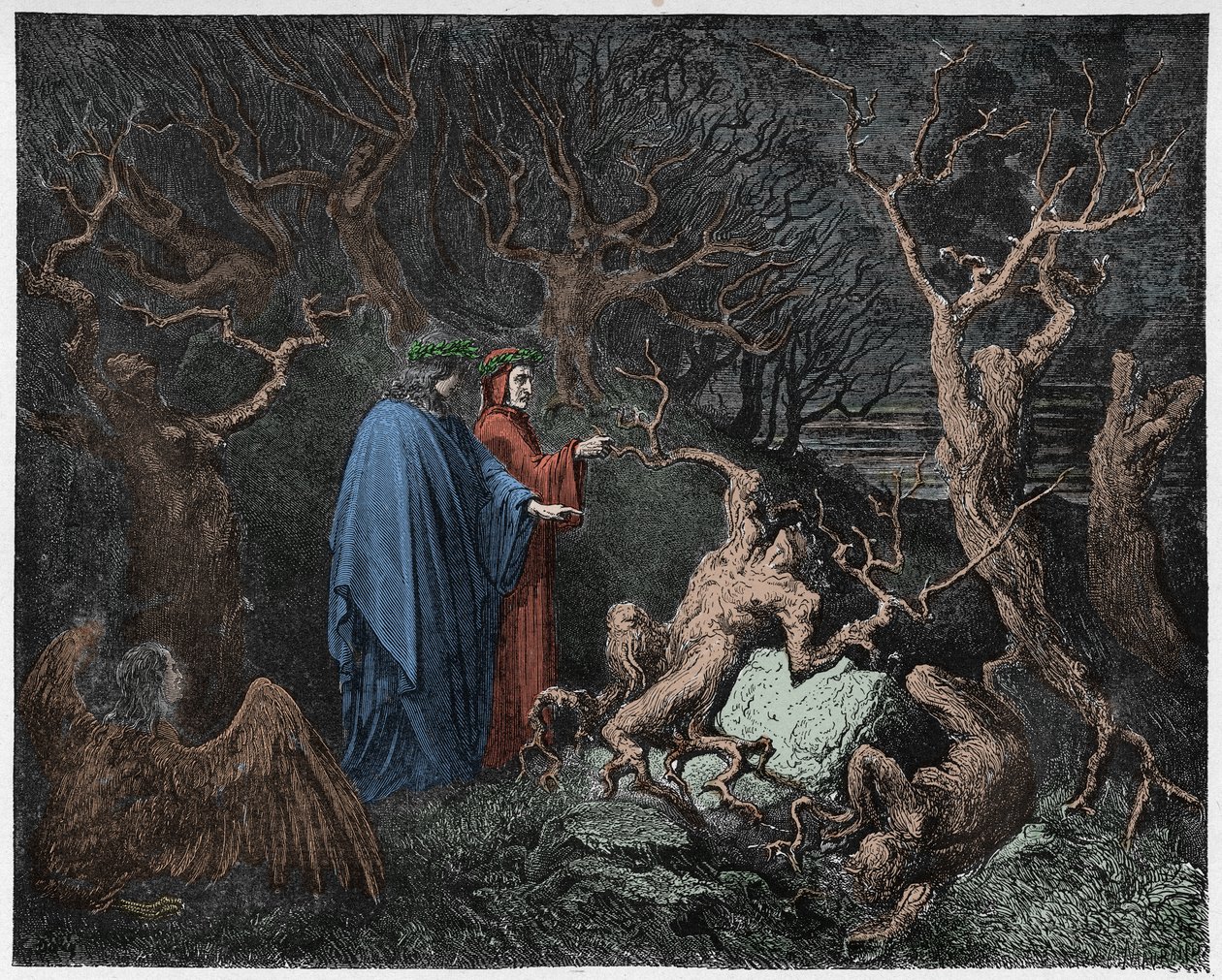 インフェルノ、カント13：森の自殺、ダンテアリギエーリ作「The Divine Comedy」（1885年）（デジタルカラー彫刻） 作： ドレ後のギュスターヴ