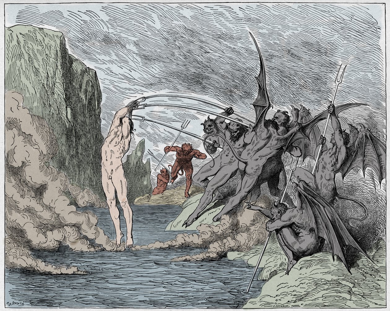 インフェルノ、カント21：悪魔が妨害者を苦しめる、ダンテアリギエーリ作「The Divine Comedy」（1885年）（デジタルカラー彫刻）のイラスト 作： ドレ後のギュスターヴ