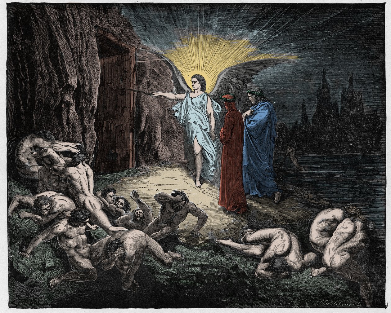 インフェルノ、カント9：天使が門を開く、ダンテアリギエーリ作「The Divine Comedy」（1885年）（デジタル色の彫刻） 作： ドレ後のギュスターヴ
