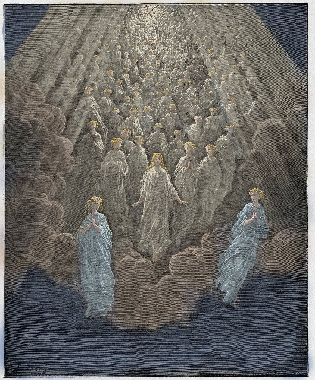 パラディソ、カント5：2番目の領域での無数の輝く魂のホスト、ダンテアリギエーリ作「The Divine Comedy」（1885年）（デジタル色の彫刻） 作： ドレ後のギュスターヴ