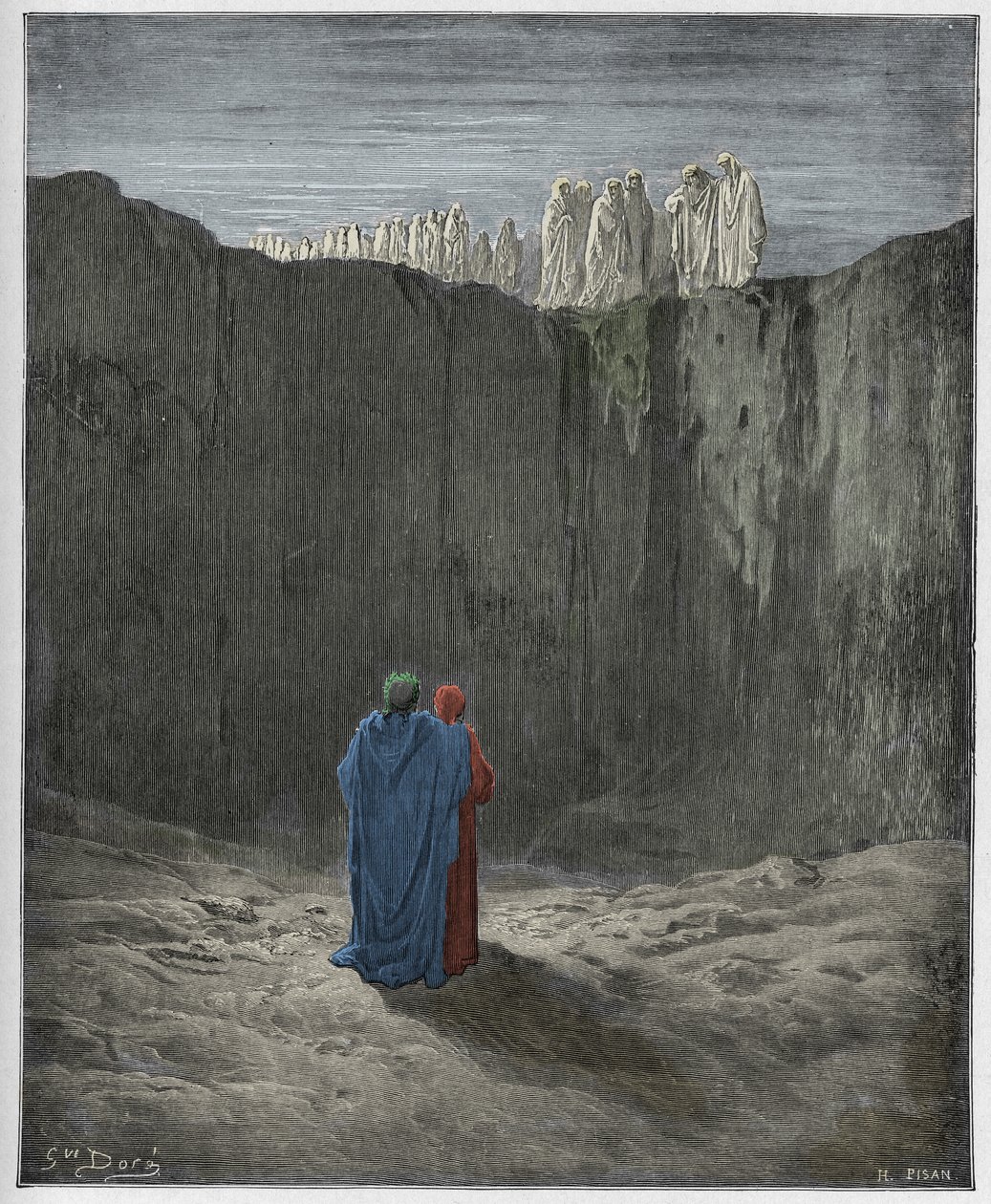 プルガトリオ、カント3：崖の上の魂の会社、ダンテアリギエーリ作「The Divine Comedy」（1885年）（デジタル色の彫刻） 作： ドレ後のギュスターヴ