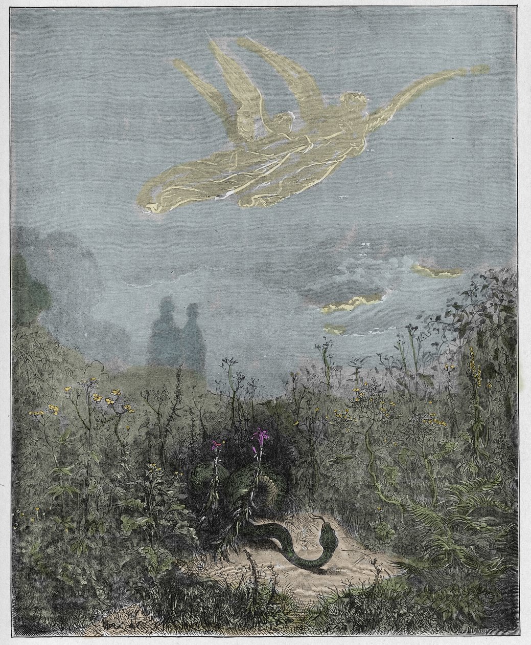 プルガトリオ、カント8：天使が蛇を追い払う、ダンテアリギエーリ作「The Divine Comedy」（1885年）（デジタル色の彫刻） 作： ドレ後のギュスターヴ