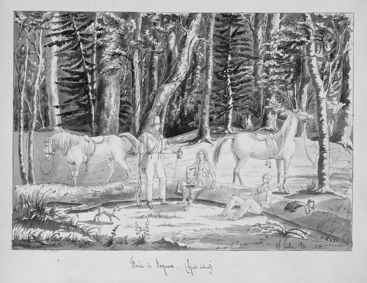 1831年、サギノーの森でインド人ガイドを持つ旅行者（紙にペンとインクとトイレ） 作： ギュスターヴ・ド・ボーモン
