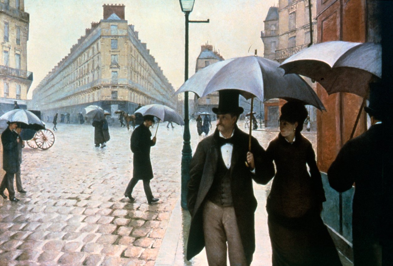「雨天のパリの通り」、1877年。 作： グスタフ・カイユボット