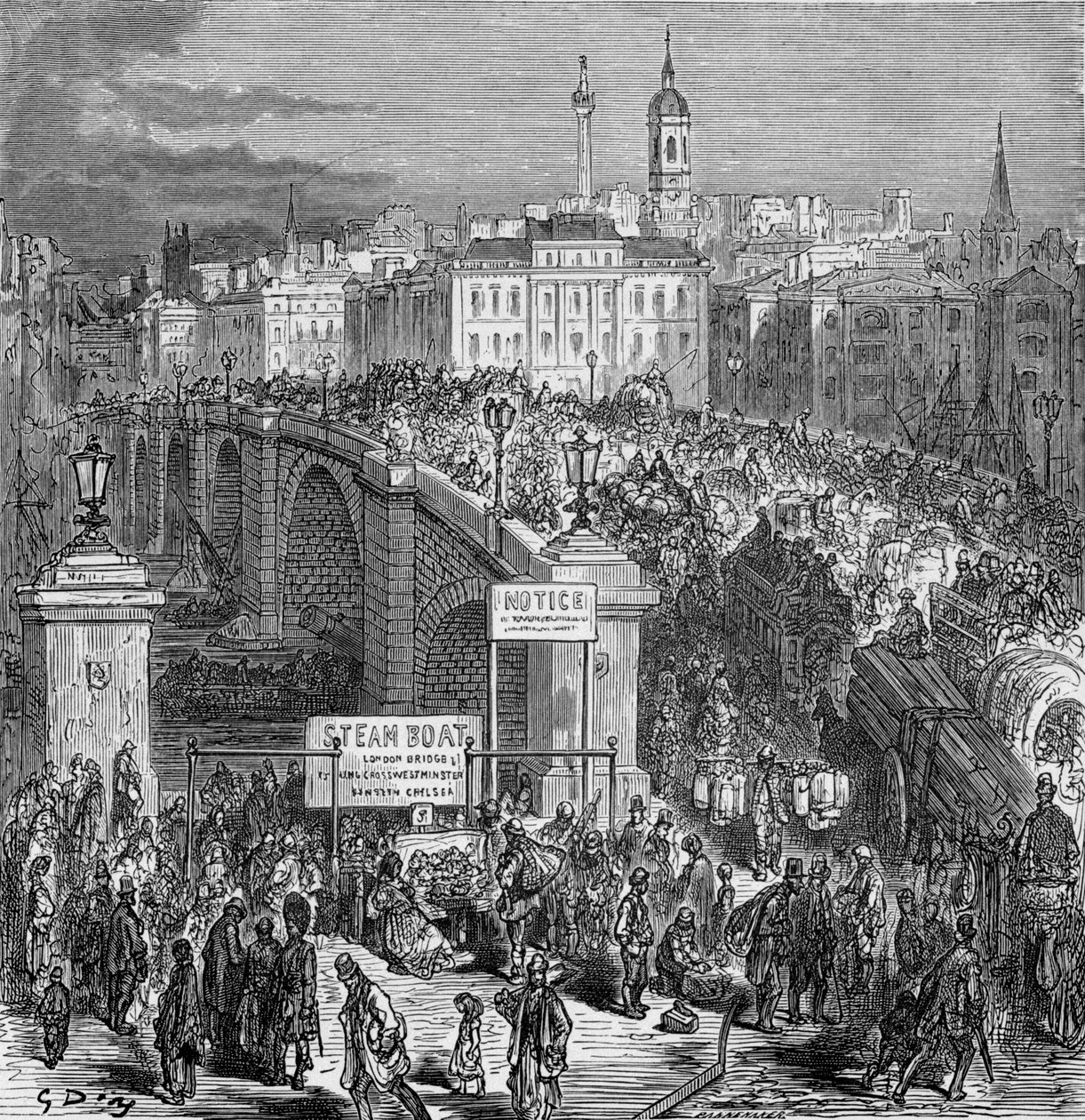 にぎやかなロンドン橋の風景、1872 年。 作： ギュスターヴ・ドレ