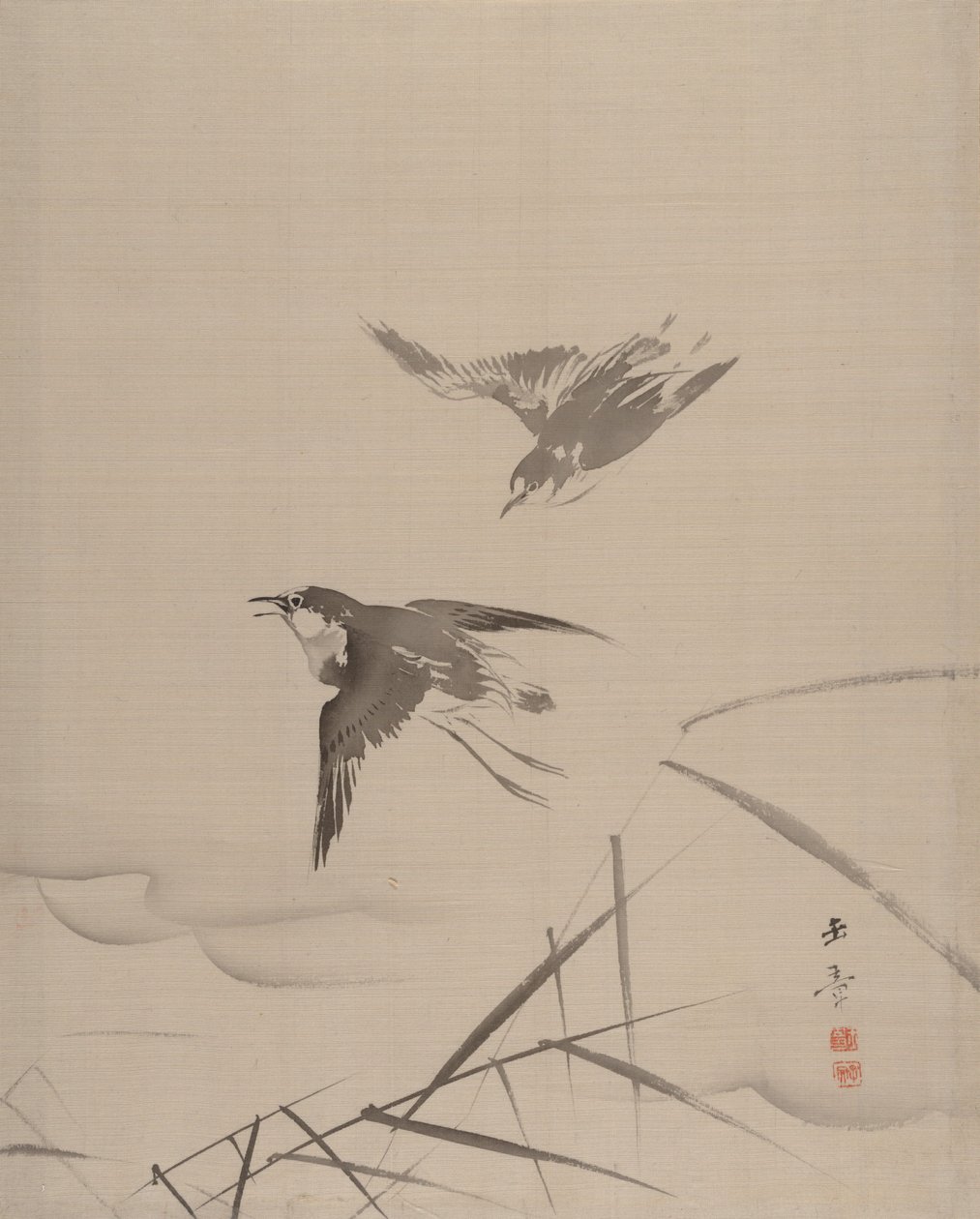 小鳥と竹、1887-92。 作： 川端玉章