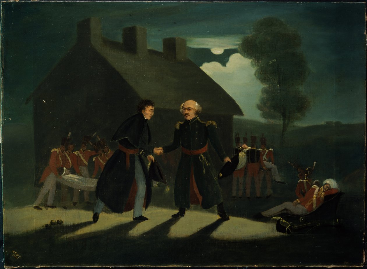 ウォータールーの戦い後のラベルアライアンスでのウェリントン（1769-1852）とブルーチャー（1742-1819）の出会い、1820年頃 作： H.ベインズ